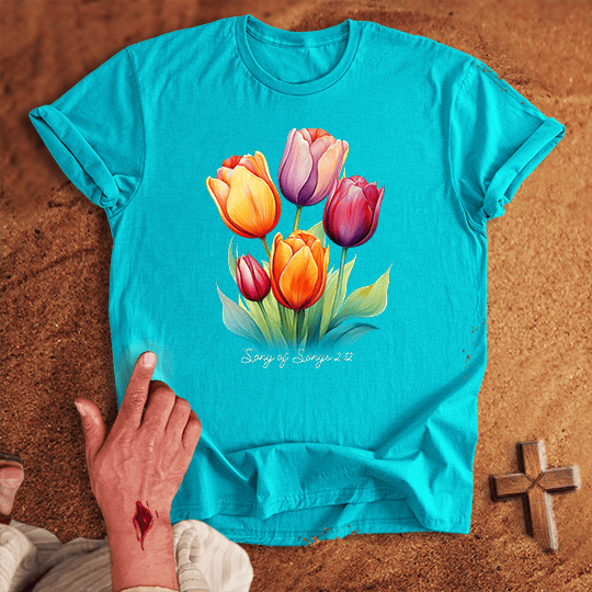 Vibrant Tulip Flowers T Shirt - White M | Biblical & Scripture Inspired Apparel | Jesus Monk