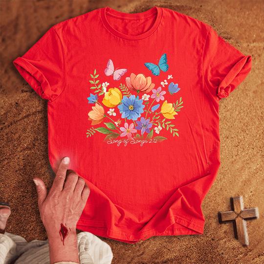 Vibrant Flowers And Butterflies T Shirt - Tropical Blue M | Biblical & Scripture Inspired Apparel | Jesus Monk
