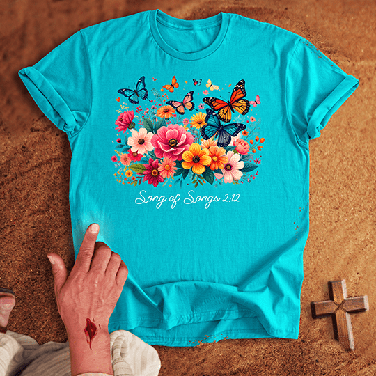 Vibrant Flowers And Butterflies T Shirt 1 - Navy M | Biblical & Scripture Inspired Apparel | Jesus Monk
