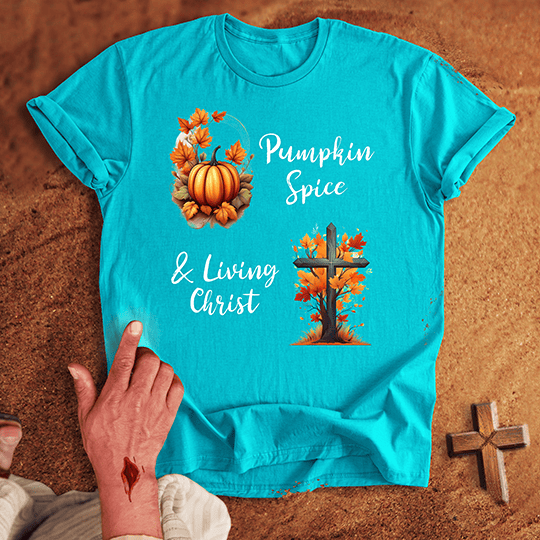 Pumpkin Spice Living Christ T Shirt - Navy M | Biblical & Scripture Inspired Apparel | Jesus Monk