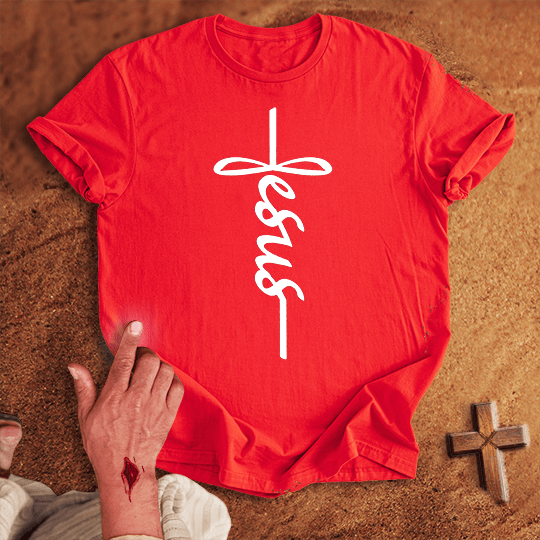 Jesus Word Cross T Shirt - Red S | Biblical & Scripture Inspired Apparel | Jesus Monk