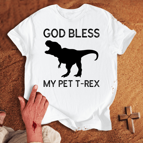 God Bless My Pet T Rex T Shirt - Military Green 2XL | Biblical & Scripture Inspired Apparel | Jesus Monk