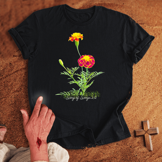 Vibrant Marigold Flowers T Shirt - Navy 3XL | Biblical & Scripture Inspired Apparel | Jesus Monk