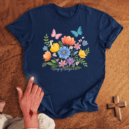 Vibrant Flowers And Butterflies T Shirt - Tropical Blue S | Biblical & Scripture Inspired Apparel | Jesus Monk