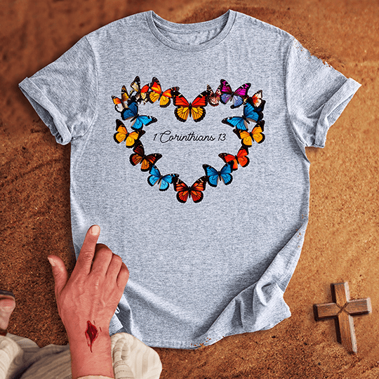 Vibrant Butterflies In A Heart Shape T Shirt - Military Green XL | Biblical & Scripture Inspired Apparel | Jesus Monk