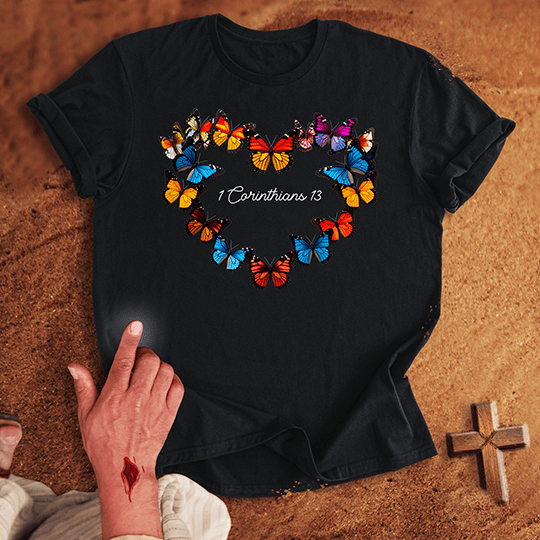 Vibrant Butterflies In A Heart Shape T Shirt - Military Green M | Biblical & Scripture Inspired Apparel | Jesus Monk