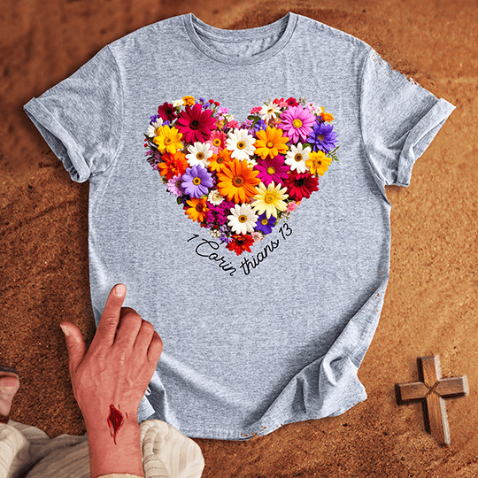 Vibrant Flowers In A Heart Shape T Shirt - Red XL | Biblical & Scripture Inspired Apparel | Jesus Monk