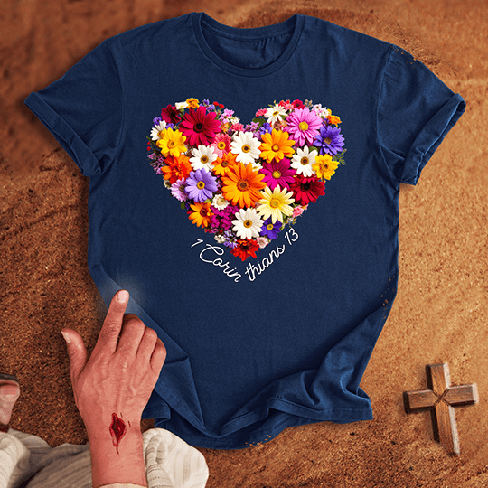 Vibrant Flowers In A Heart Shape T Shirt - Sand S | Biblical & Scripture Inspired Apparel | Jesus Monk