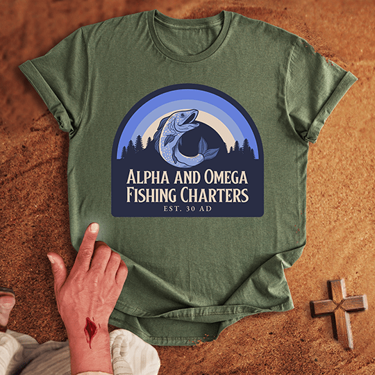 Alpha And Omega Fishing Charters T Shirt - Sand M | Biblical & Scripture Inspired Apparel | Jesus Monk