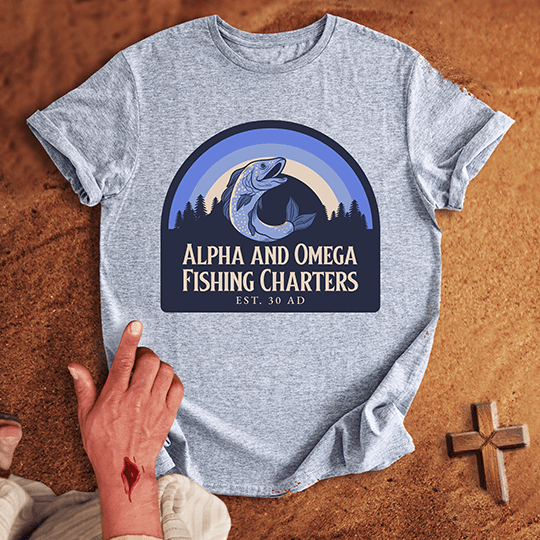 Alpha And Omega Fishing Charters T Shirt - Sand L | Biblical & Scripture Inspired Apparel | Jesus Monk