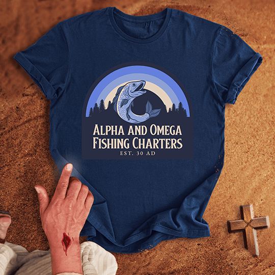 Alpha And Omega Fishing Charters T Shirt - Sand 3XL | Biblical & Scripture Inspired Apparel | Jesus Monk