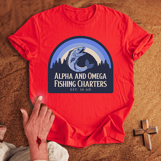 Alpha And Omega Fishing Charters T Shirt - Military Green M | Biblical & Scripture Inspired Apparel | Jesus Monk