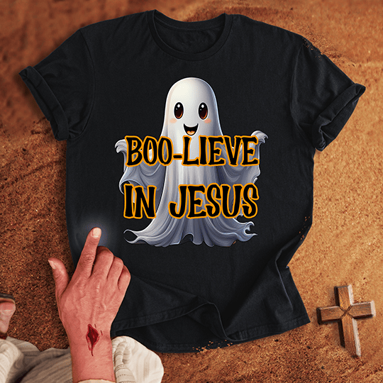 Boo Lieve In Him T Shirt - White M | Biblical & Scripture Inspired Apparel | Jesus Monk