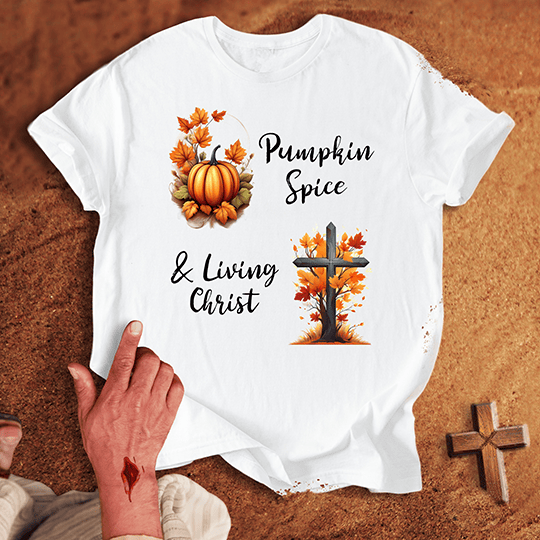 Pumpkin Spice Living Christ T Shirt - Sand 2XL | Biblical & Scripture Inspired Apparel | Jesus Monk