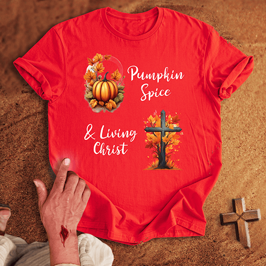 Pumpkin Spice Living Christ T Shirt - Navy S | Biblical & Scripture Inspired Apparel | Jesus Monk