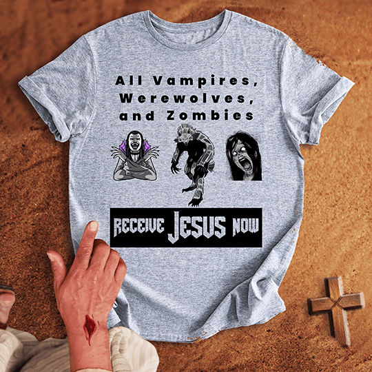 All Vampires Receive Jesus Now T Shirt - Military Green XL | Biblical & Scripture Inspired Apparel | Jesus Monk