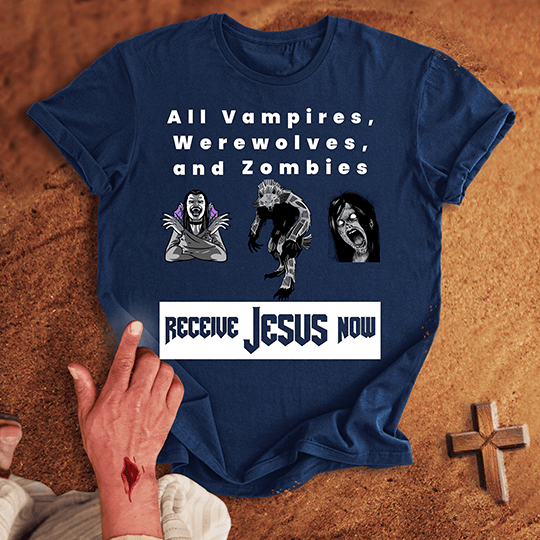 All Vampires Receive Jesus Now T Shirt - Military Green 3XL | Biblical & Scripture Inspired Apparel | Jesus Monk