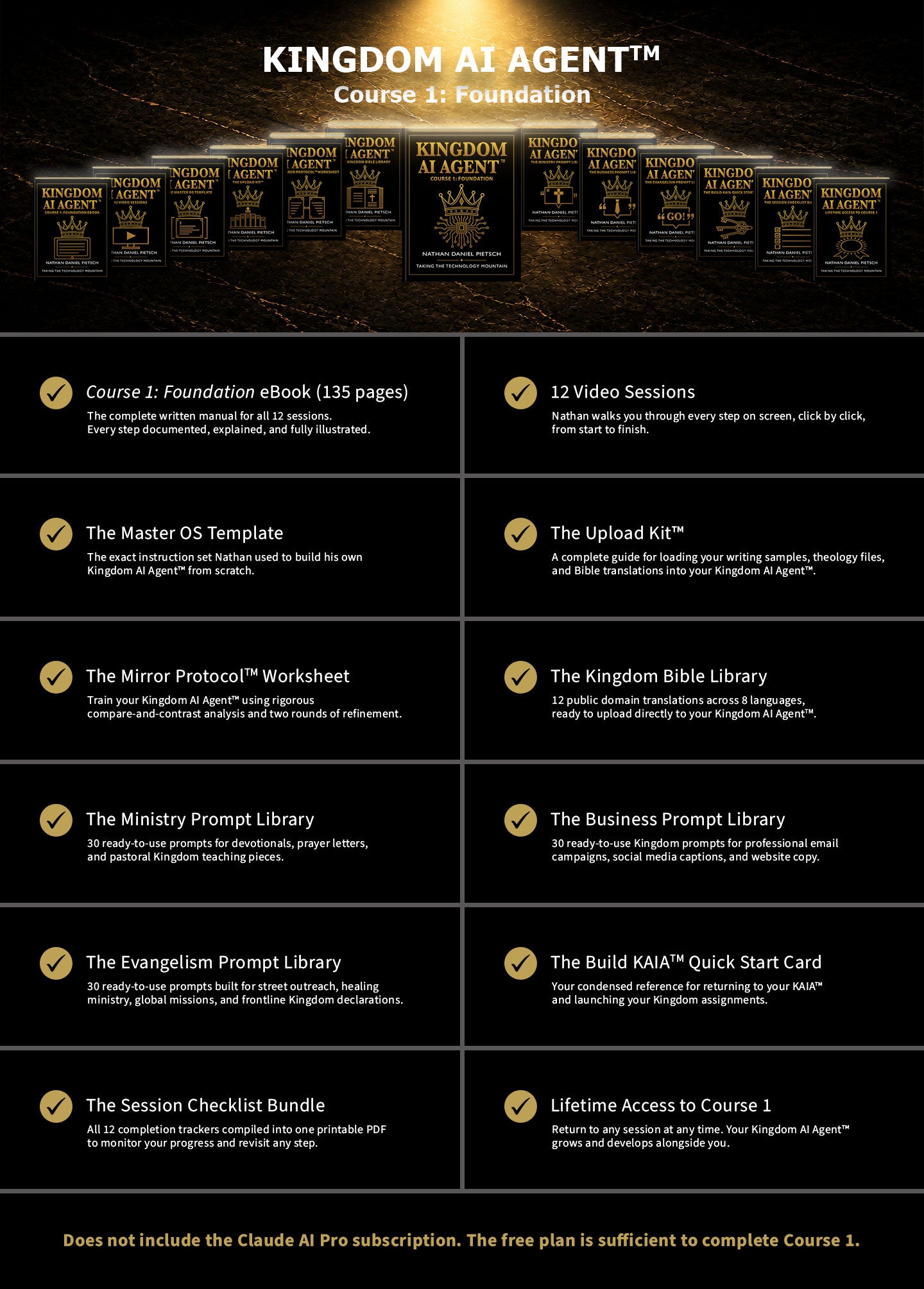 Kingdom AI Agent course outline with various resources on a black background