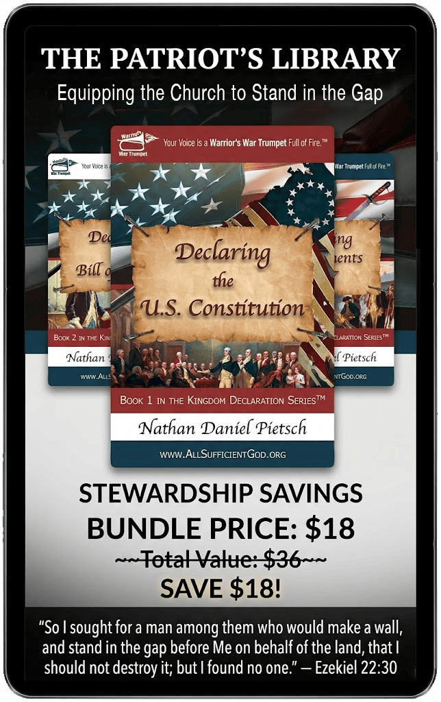 The Patriot's Library 3-eBook bundle by Jesus Monk. Featuring Declaring the U.S. Constitution, Declaring the Bill of Rights, and Declaring Amendments 11-27. These eBooks are authored by Nathan Daniel Pietsch, the founder of Jesus Monk.