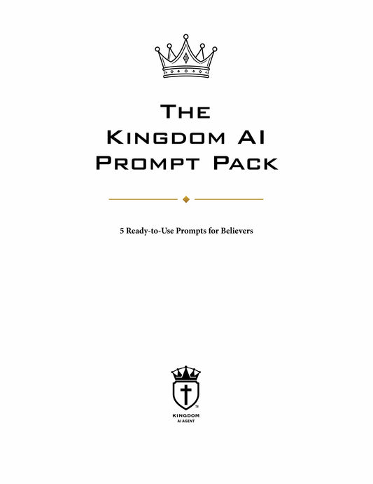 A digital cover for 'The Kingdom AI Prompt Pack' featuring a black crown icon, bold black text, and a gold horizontal line on a white background, with a small Kingdom AI Prompt Pack logo at the bottom.