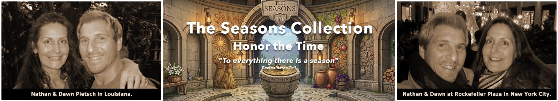 Promotional image for 'The Seasons Collection' with a picture of Nathan and Dawn Pietsch and a decorative setting.